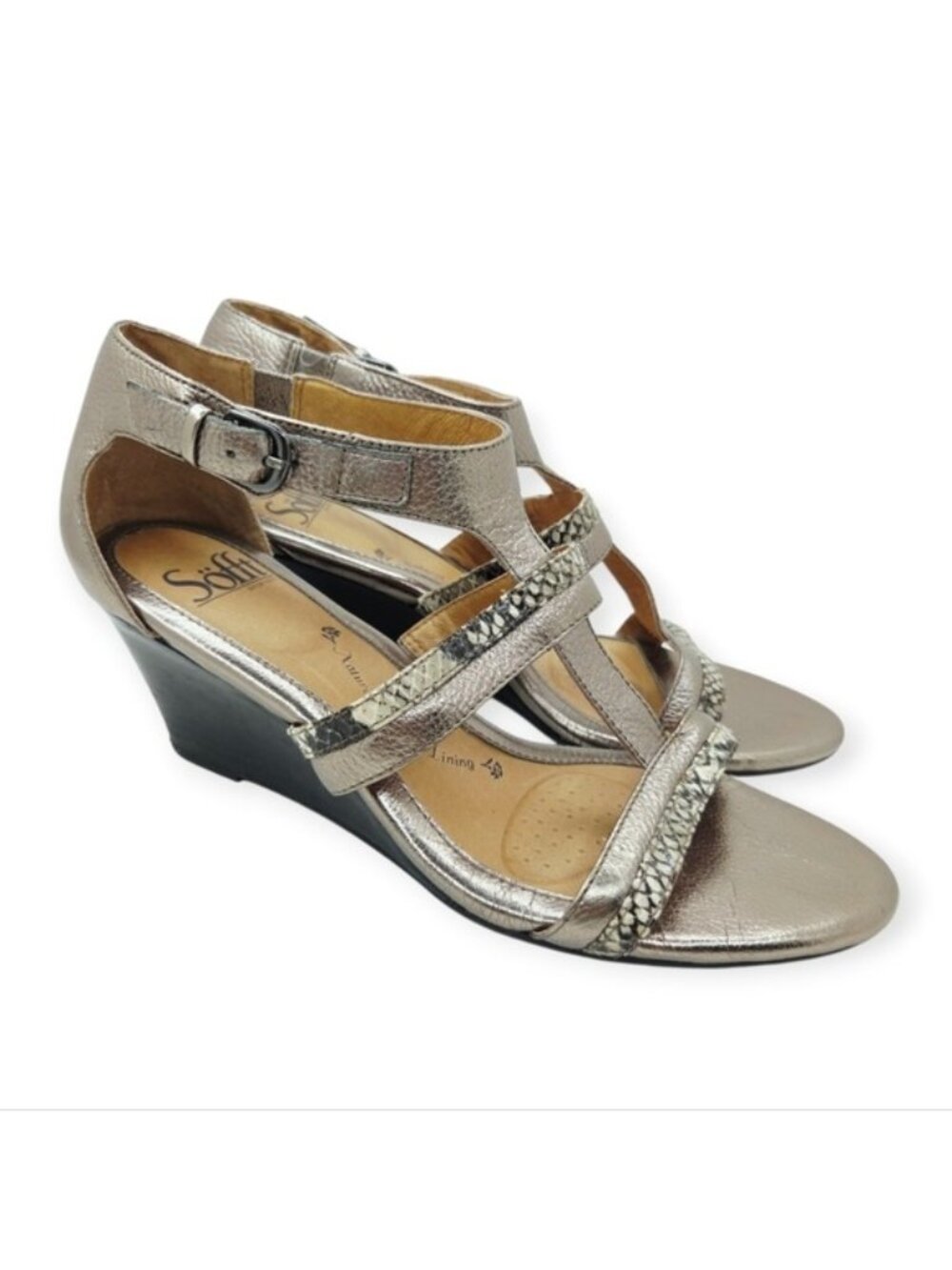 Sofft Pippa Pewter Snakeskin Metallic Leather Wedge Heel Sandals Women's Size 8
